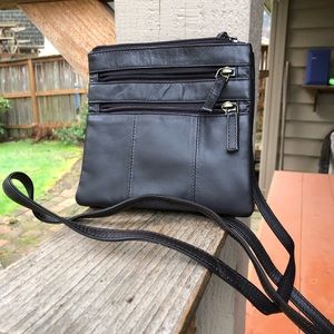 Visconti crossbody front zipper slots  brown 6.5” by 7”.